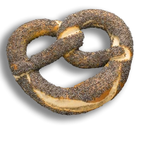 image of a flying Original Bavarian poppy seed Bretzel at the home page of bretzel.ca