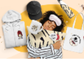 merchandise category image showing a lady with a lot of merchandise and dreaming about it