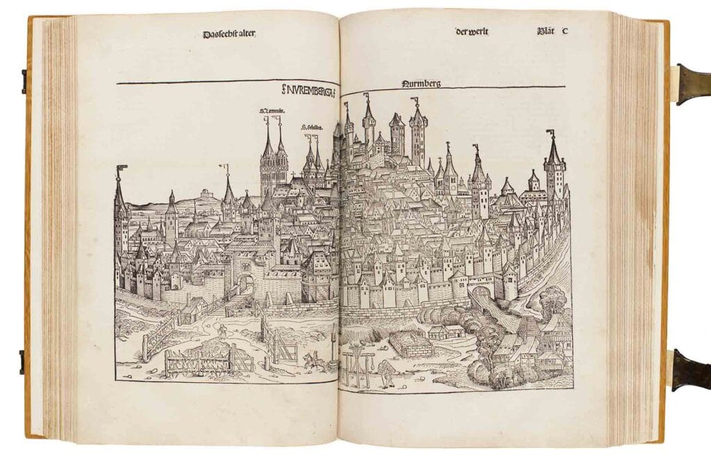 page of a book from 1493 showing the castle of nuremberg
