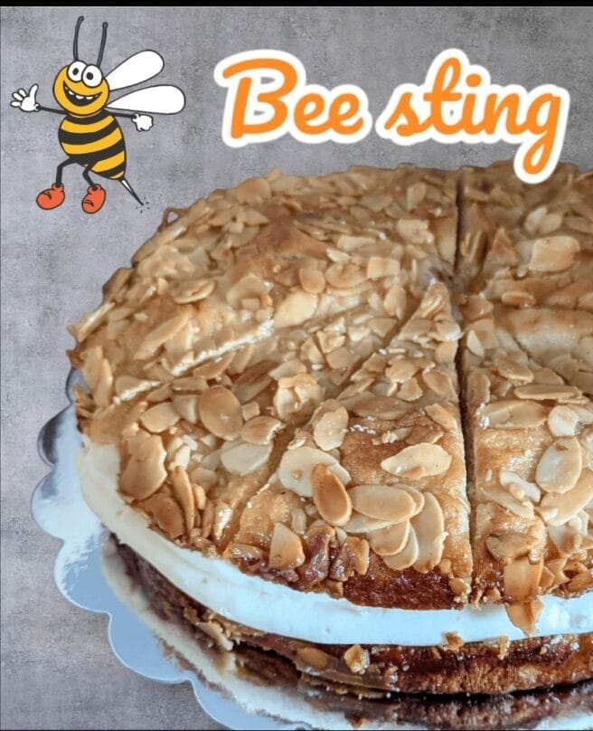 Bee-Sting-Bienenstich Delicious Bee Sting (Bienenstich) cake with soft dough, honey-caramelized almonds, and a rich vanilla pastry cream filling, topped with a golden, sweet almond glaze
